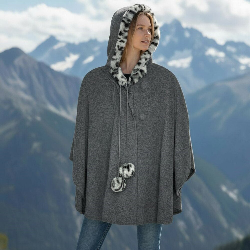 NWT Charming Charlie Hooded Poncho w/ Faux Fur Trim – One Size